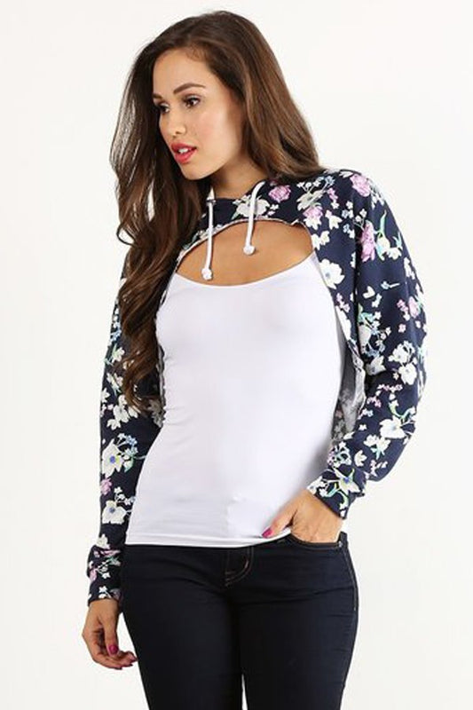 Blue Floral Crop Hoodie