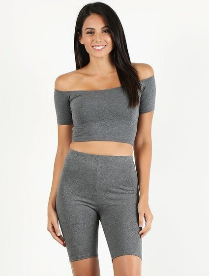 Off Shoulder Crop + Biker- Cotton Lycra